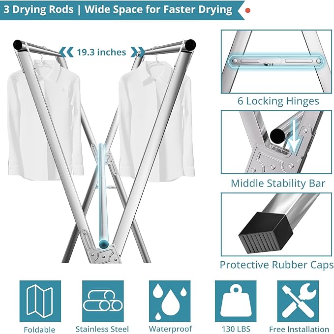 JAUREE 63 Inches Clothes Drying Rack, Drying Rack Clothing Folding Indoor - Image 5