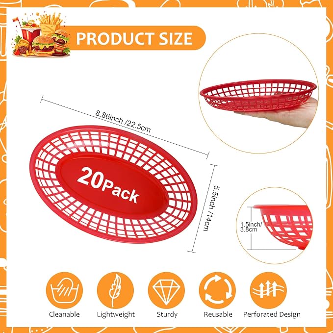 20 Pack Plastic Fast Food Baskets, 8.8" × 5.5" Small Oval Restaurant Serving - Image 2