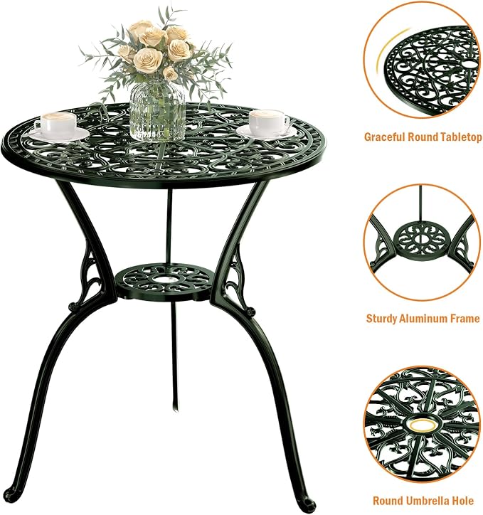 Patio Bistro Set of 2, Cast Aluminum, Outdoor Set w/Umbrella Hole, 3 Piece - Image 4