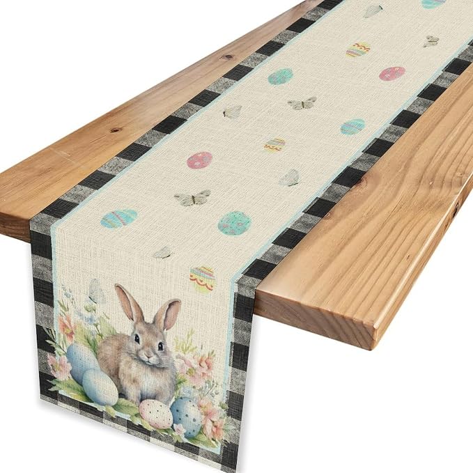 Easter Table Runner, Vinatge Black Plaid Rabbit Easter Eggs Butterflies Floral - Image 6