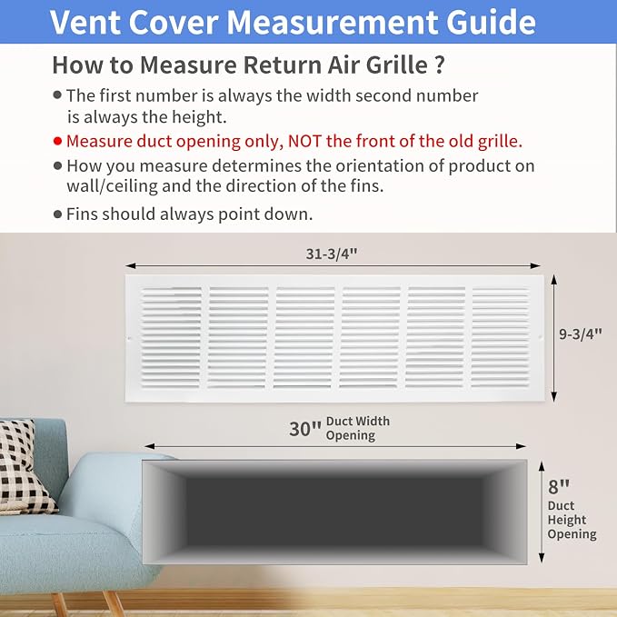 30"W x 8"H Steel Return Air Grille, Air Return Vent Cover - Image 5