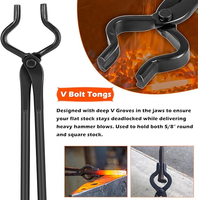 Tongs 3-Piece Blacksmith Set in Alloy Steel, V-Bit and Blade Styles