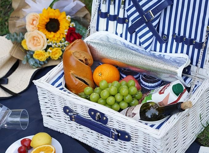 Picnic Basket Willow for 4 Persons, Large Wicker Hamper Set - Image 5
