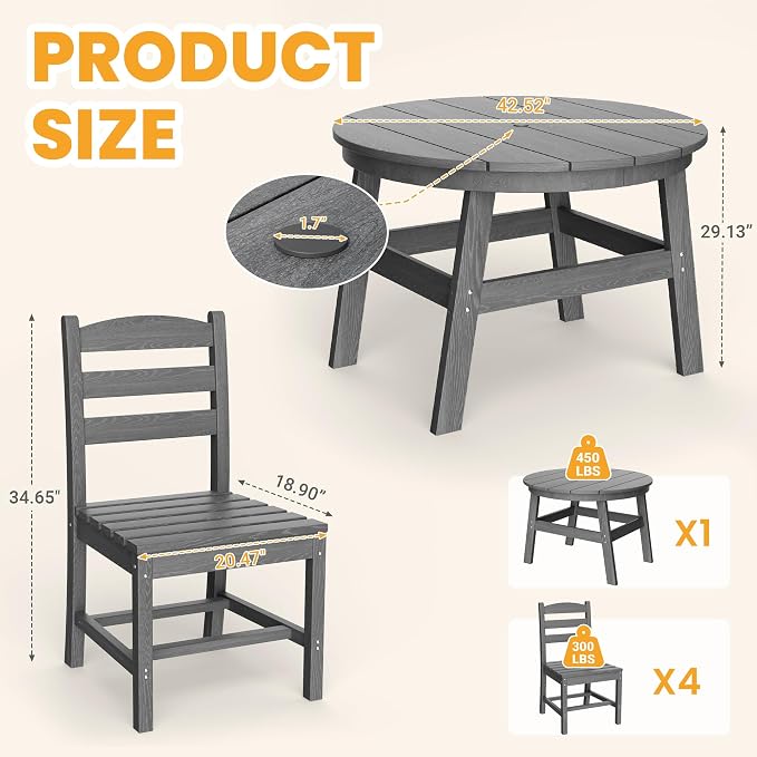 Pamapic 5 PCS Round Outdoor Dining Set, HDPE Outdoor Table and Chairs - Image 7