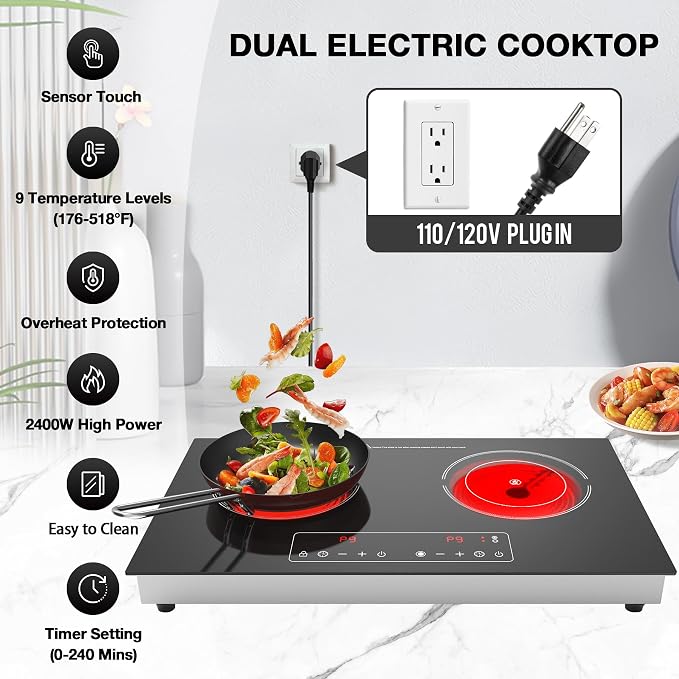 Electric Cooktop, 110V 2400W 2 Burner Electric Cooktop, Countertop and Built-in - Image 3