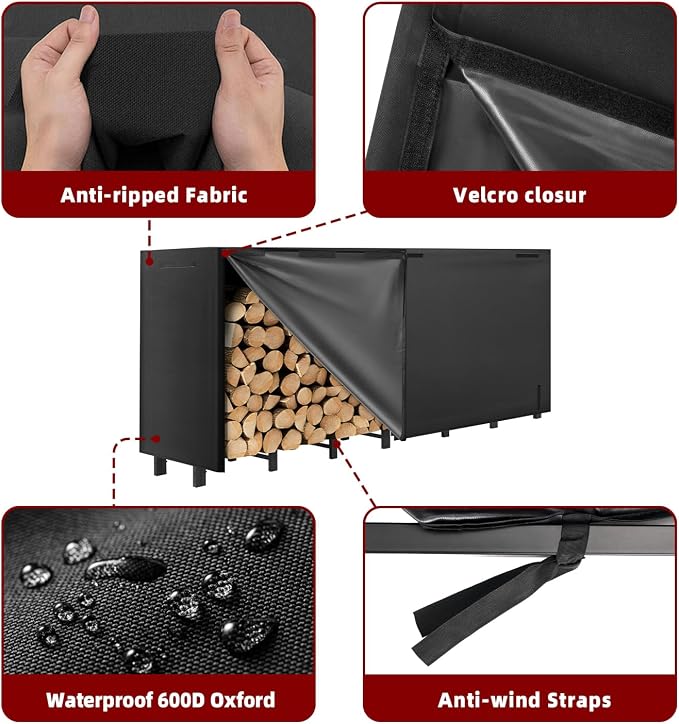 8FT Firewood Rack with Waterproof Cover, Heavy Duty Firewood Storage Log Holder - Image 5
