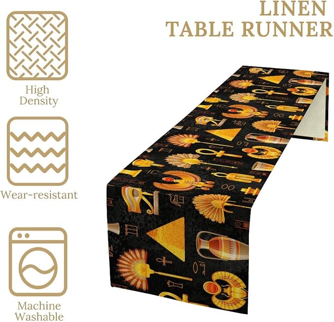 Egyptian Table Runner, Retro Egypt Mural Old Hieroglyphic Elements Ancient - Image 6