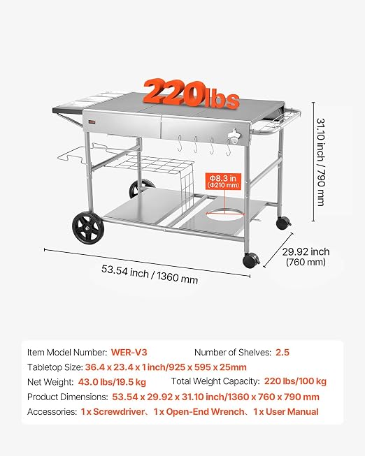VEVOR Outdoor Grill Cart, 36.4 x 23.4 x 1 inch Tabletop Size Grilling Table - Image 3