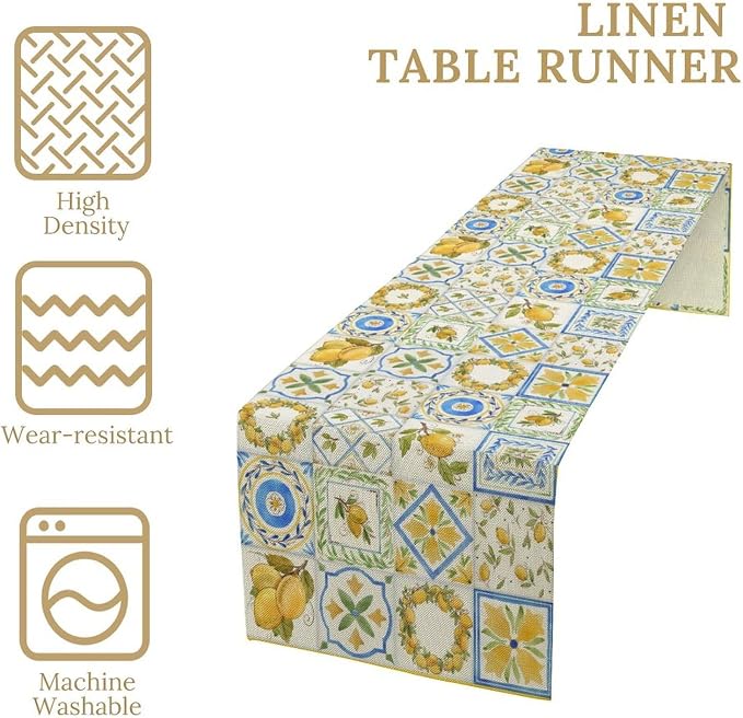 Yellow Lemon Summer Table Runner, Watercolor Spring Yellow and Blue Flower - Image 4