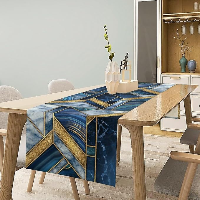 Marble Texture Table Runner, Dark Blue Gold Modern Mosaic Design Table Runner - Image 3