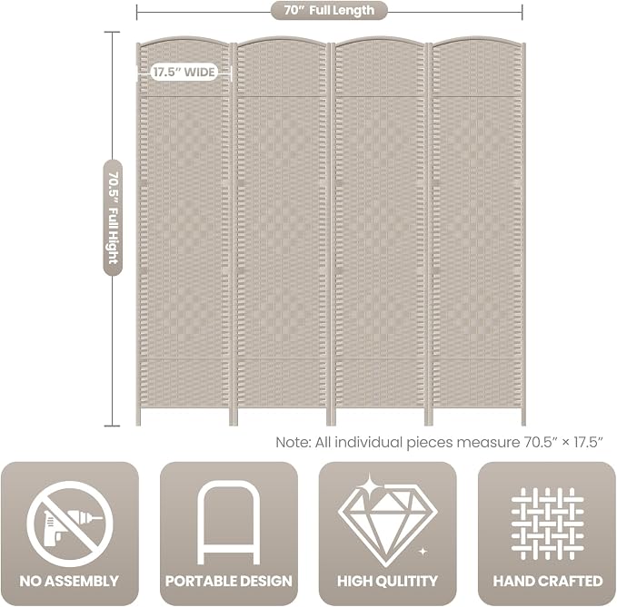 4 Panel Room Divider, 6Ft Folding Privacy Screen, Tall - Image 3