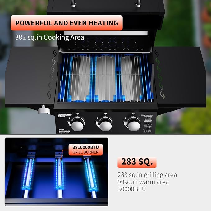 3 Burner Propane Gas Grill, 30000 BTU Outdoor Gas BBQ Grill Cooking - Image 5