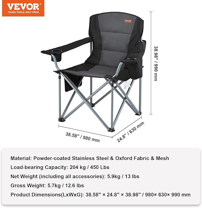 Camping Chair - Black, 450 lb Capacity, 600D Oxford Fabric
