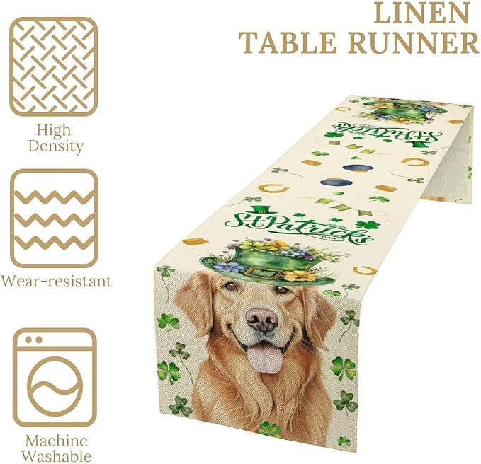St.Patrick's Day Table Runner, Sharmrock Dog Hat Golden Retriever Beige Rustic - Image 4