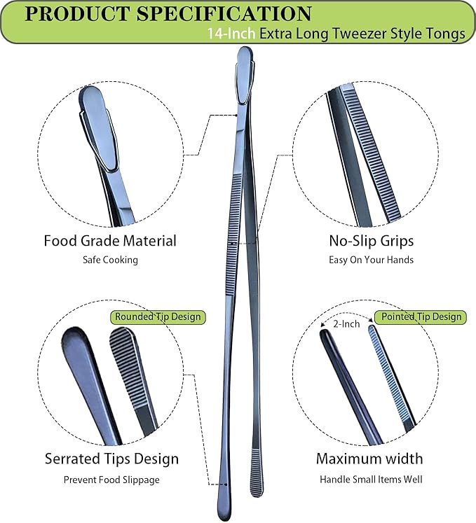 Tongs 14-Inch Stainless Steel Cooking Tweezers, Navy Blue, 2-Pack