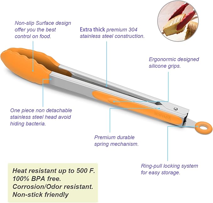 Tongs, 4 Pack in Orange with Silicone and 304 Stainless Steel Construction