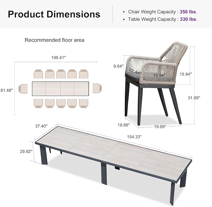PURPLE LEAF 13 Pieces Patio Dining Set Aluminum Modern Rectangular Table and - Image 9