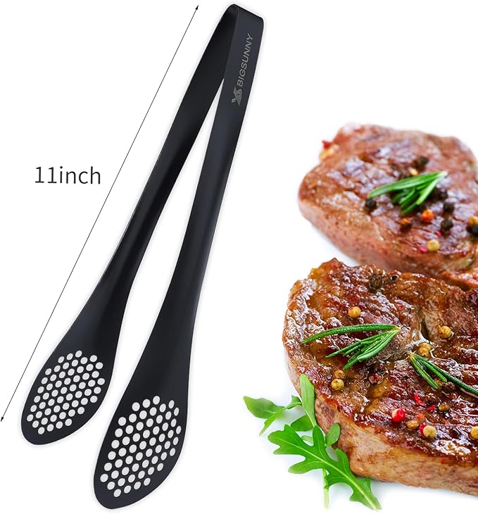 Tongs - 11 Inch Mirror-Polished 304 Stainless Steel, Black