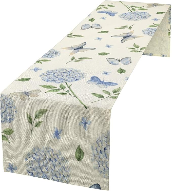 Spring Hydrangea Table Runner, Summer Moth Watercolor Sky Blue Butterfly by JanJCurt