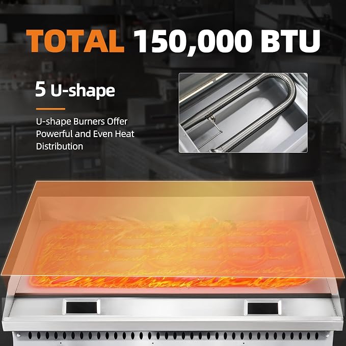 60" Commercial Countertop Griddle, 5 Burners Gas Griddle, 150000 BTU Output - Image 4