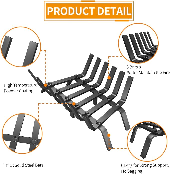 Heavy Duty 17Inch Fireplace Grate, Solid Steel Log Rack - Image 4