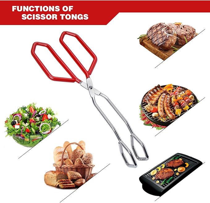 Tongs 2-Piece Set, Red 11-Inch Stainless Steel with Non-Slip Grip