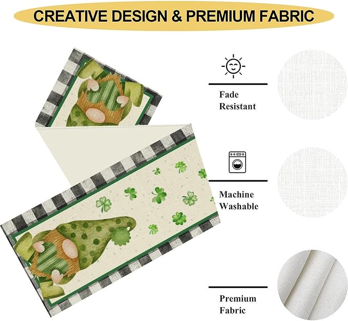 St.Patrick's Day Table Runner, Vintage Black White Plaid Green Polka Dot Gnome - Image 5