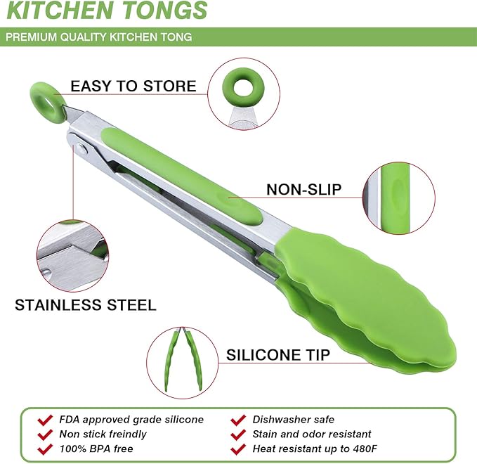 Serving Tongs Set of 3, 7-Inch Silicone Head Stainless Steel, Green