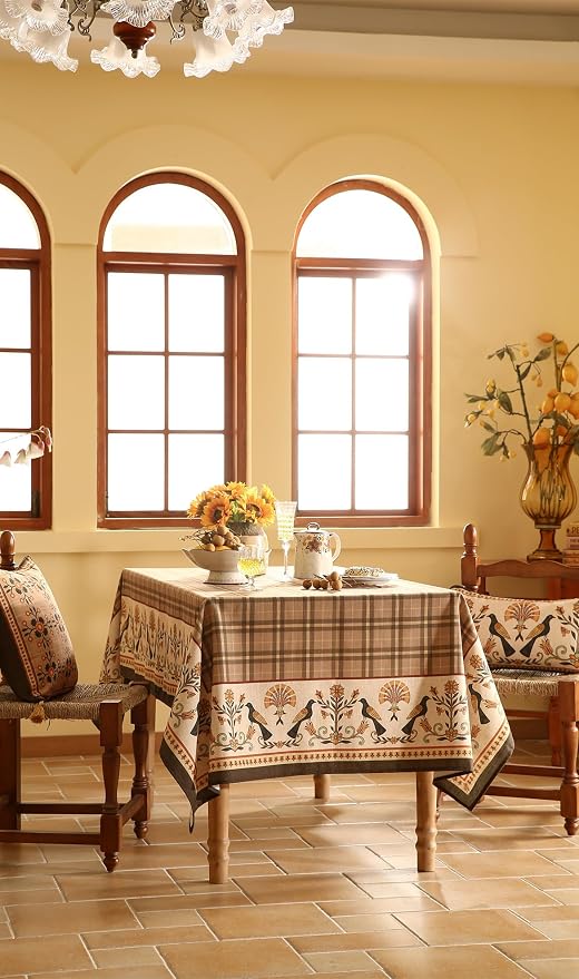 Vintage Brown Checkered Square Tablecloth, Italian Style Soft Linen Wrinkle - Image 3