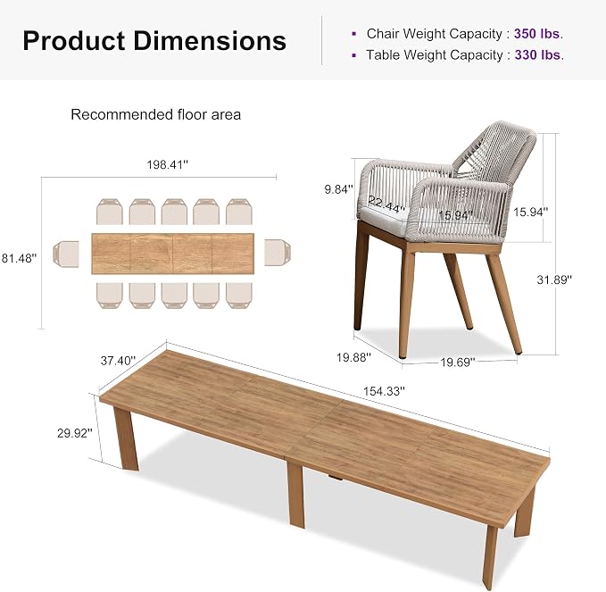 PURPLE LEAF 13 Pieces Patio Dining Set Aluminum Modern Rectangular Table and - Image 9