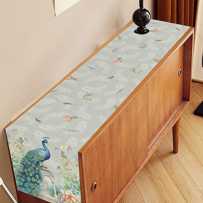 Peacock Table Runner, Watercolor Traditional Chinese Style Peacock Floral - Image 2