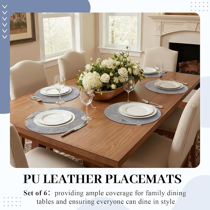 13'' Round Placemats Set of 6, PU Leather Table Mats, Non Slip Heat Resistant - Image 2