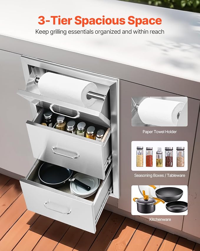 VEVOR 17W x 30H x 21D Inch Outdoor Kitchen Stainless Steel Double Access Drawers - Image 3