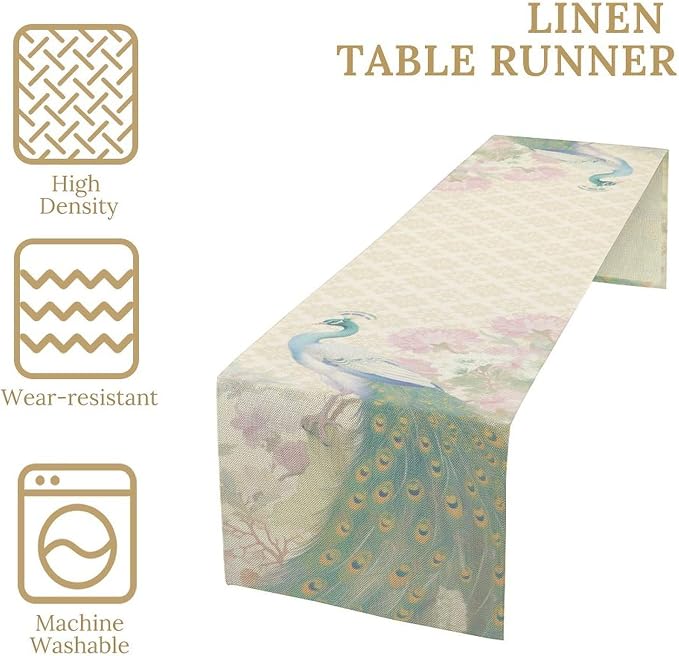 Peacock Table Runner, Rustic Traditional Chinese Style Watercolor Peacock Pink - Image 4