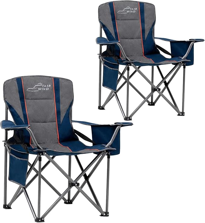 Camping Chairs, 2-Pack Blue Heavy-Duty Folding Chairs with Built-In Cooler