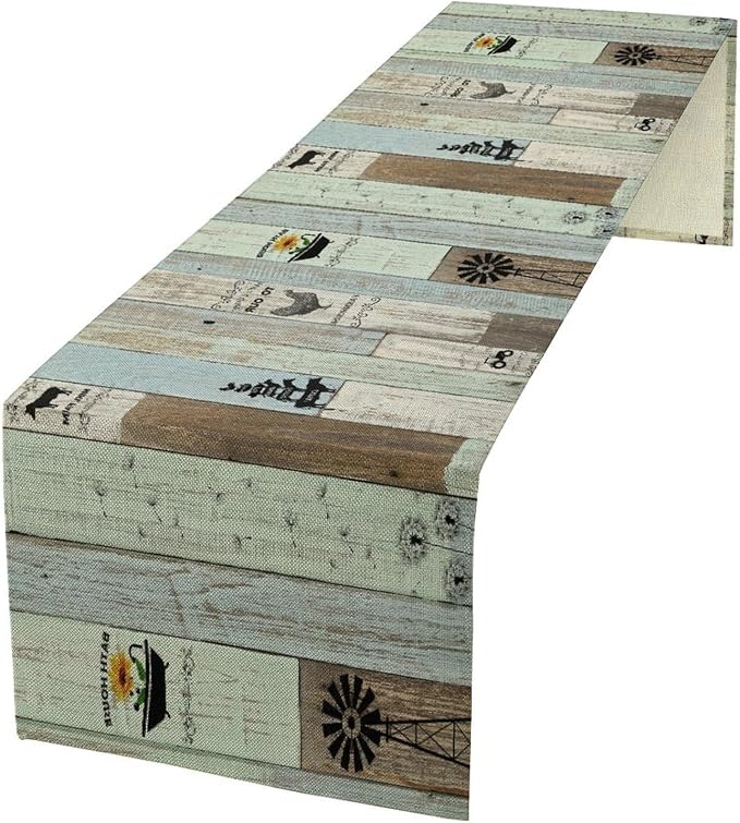 Rustic Farmhouse Table Runner, Vintage Country Blue Green Wooden Board Cow by JanJCurt