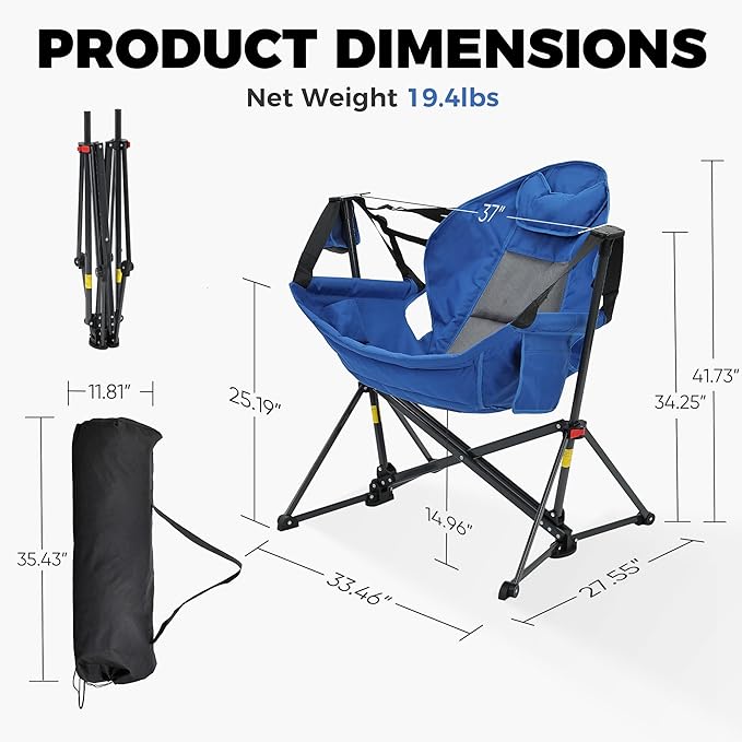Camping Chair, Foldable Rocker with Memory Foam Cushion, 400 lb Capacity, Blue