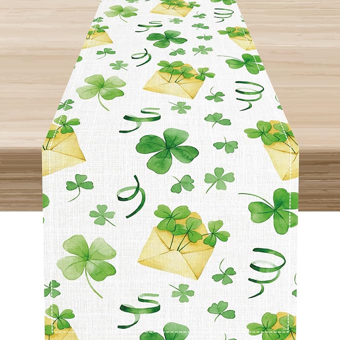 Clover Table Runner, Retro Rustic Green Shamrock Yellow Envelope Spring by Unknown