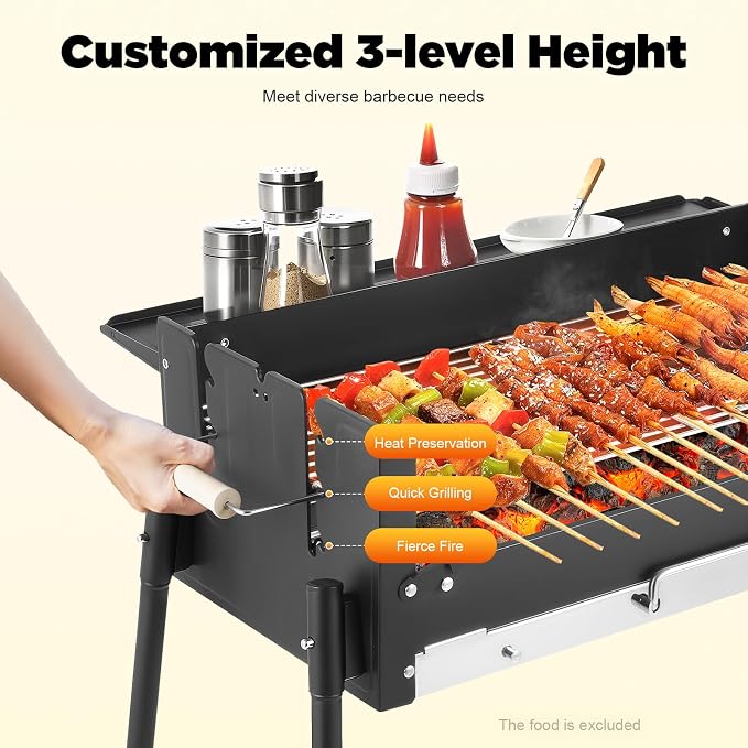 Portable Charcoal Grill, Stainless Steel Folding BBQ Grills w/Storage Shelf - Image 3