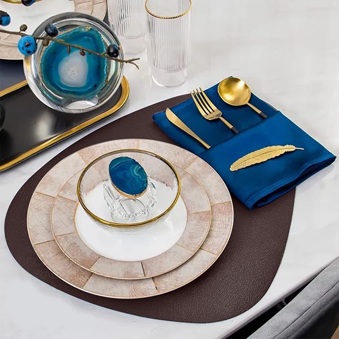 Herda Brown Placemats Set of 6 Round Faux Leather Non-Slip Place Mats Wipeable - Image 5