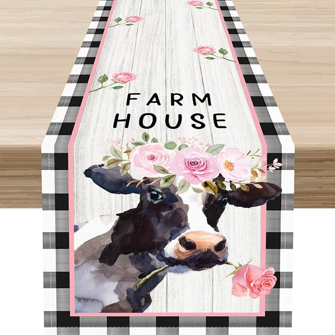 Cow Farmhouse Table Runner, Rustic Black White Plaid Buffalo Animals Flower by Unknown