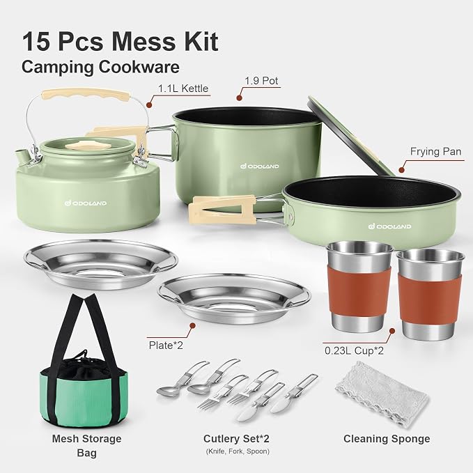 Odoland 15pcs Camping Cookware Mess Kit, Non-Stick Lightweight Pot Pan Kettle - Image 2