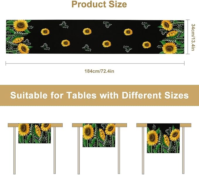 Sunflower Table Runner, Spring Summer Watercolor Floral Plants Leaves Print - Image 8