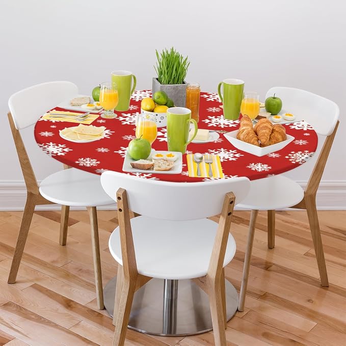 Christmas Snowflake Red White Round Table Cloth Cover, Elastic Edge Waterproof - Image 7