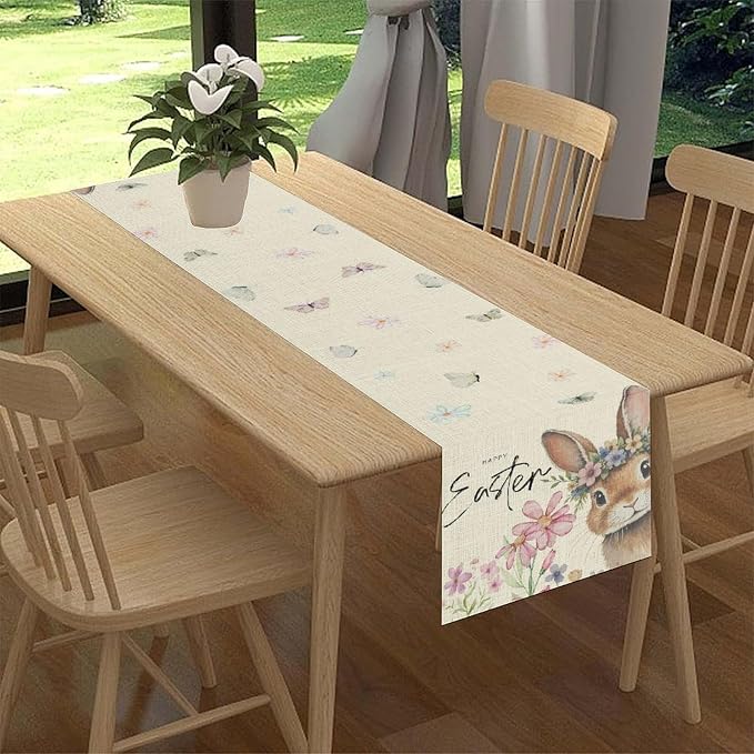Easter Table Runner, Boho Floral Bunny Rabbit Butterflies Pink Blue Spring - Image 3