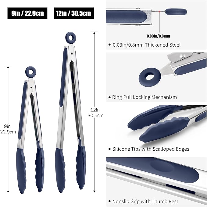 Locking Stainless Steel Tongs with Silicone Tips, Navy Blue