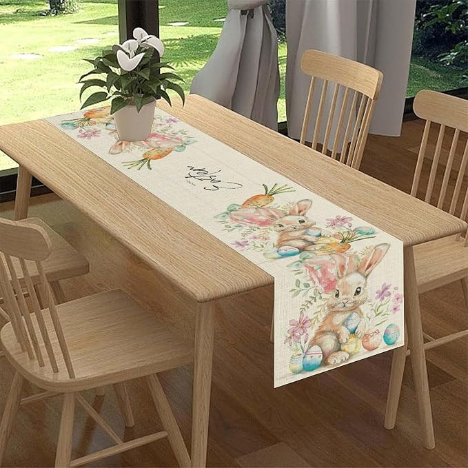 Easter Bunny Table Runner, Rustic Watercolor Bunnies Easter Eggs Carrots Floral - Image 3