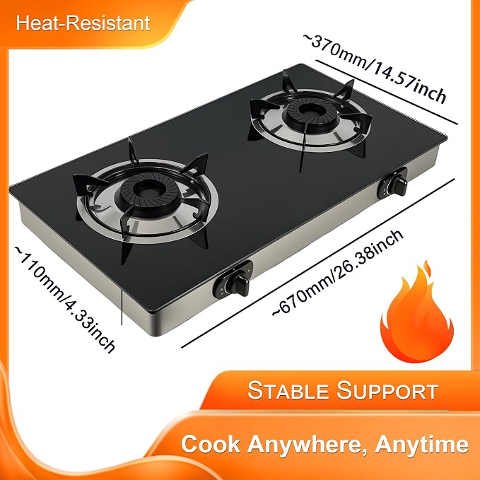 2 Burner Propane Gas Stove, Portable Tempered Glass Camping Stove Propane - Image 2
