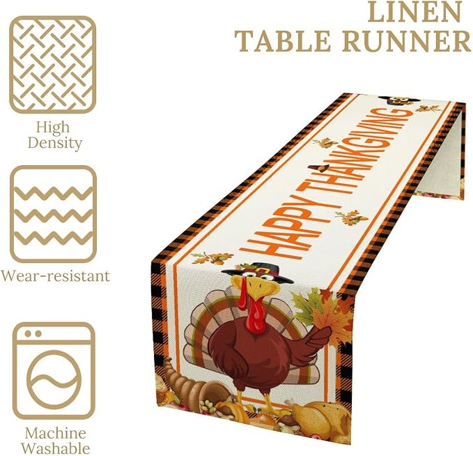 Happy Thanksgiving Table Runner, Autumn Pumpkin Maple Leaves Turkey Print Fall - Image 3