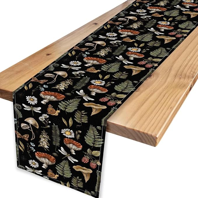 Mushroom Table Runner, Rustic Farmhouse Forest Plants Botanical Country Black - Image 4